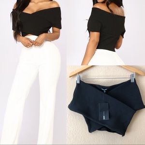 Black off shoulder crop top crossed fashion nova